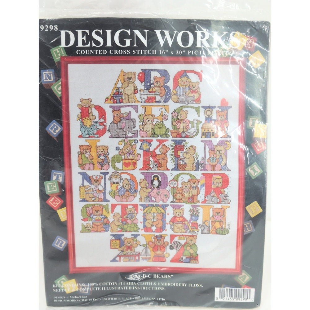 Rare Vintage cross stitch kit Design Works 9298 A-B-C Bears alphabet 16x20"